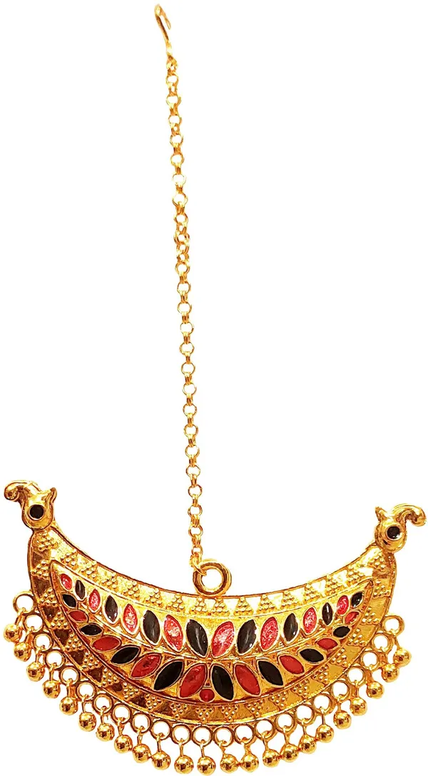 (Pack_Of_2)_Assamese_Traditional_Copper_Gold_Plated_Red_Black_Colour_Maang_Tikka_For_Women
